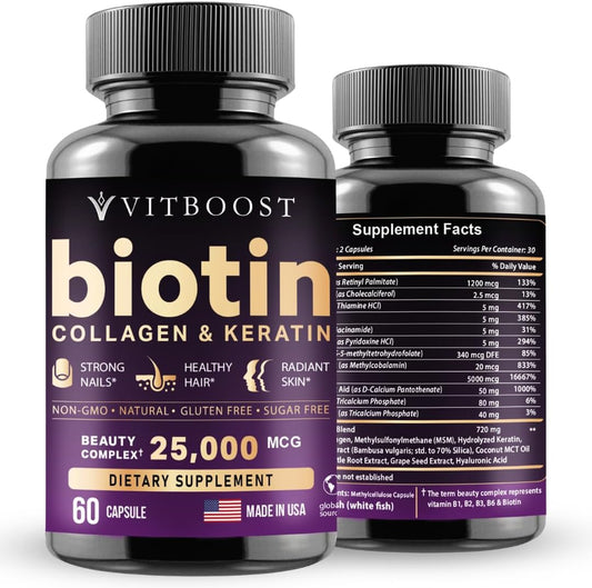 Hair, Skin, and Nails Vitamins with Biotin 25000 mcg, Hyaluronic Acid, Collagen, Keratin - USA Made, Third Party Tested - 60 Capsules