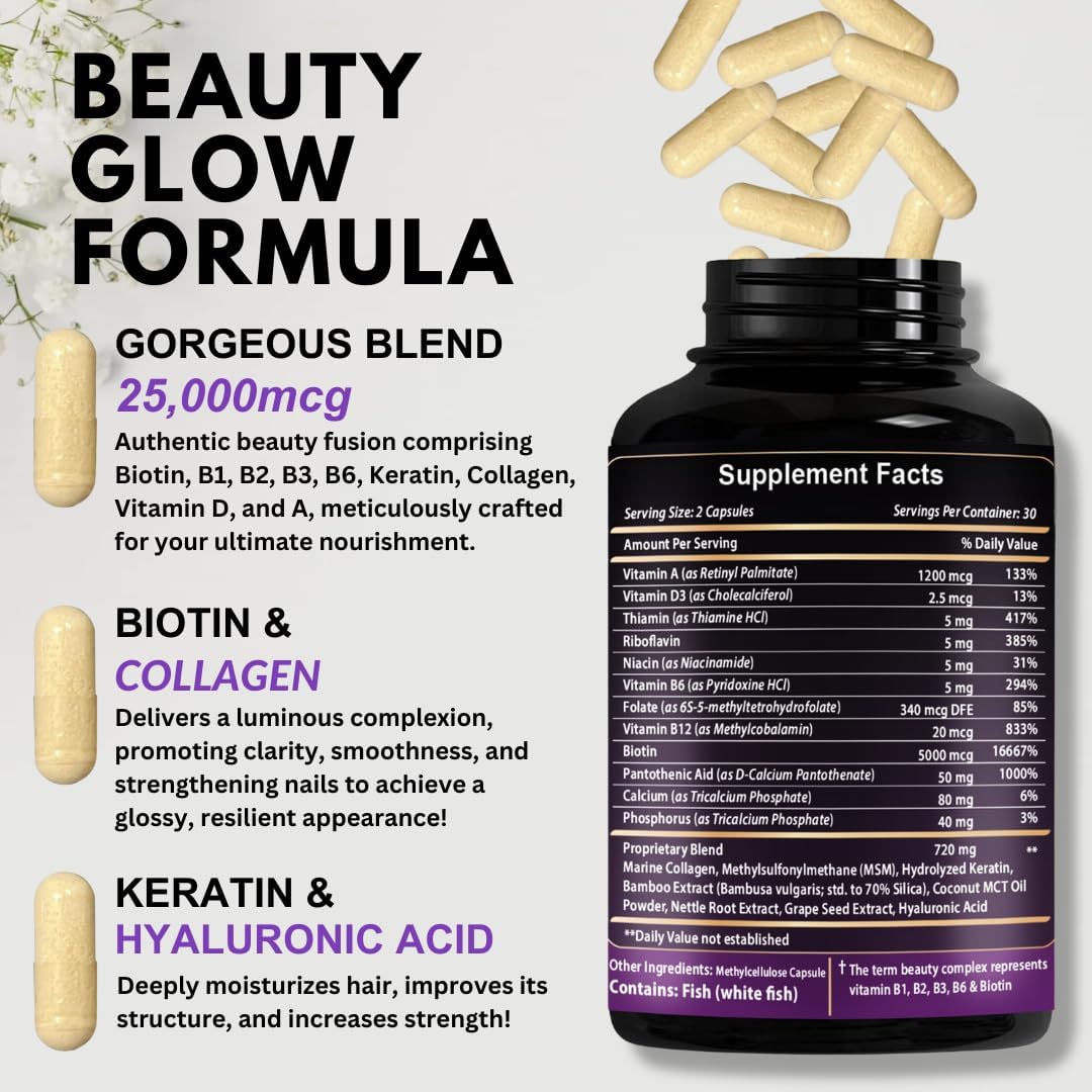 Hair, Skin, and Nails Vitamins with Biotin 25000 mcg, Hyaluronic Acid, Collagen, Keratin - USA Made, Third Party Tested - 60 Capsules