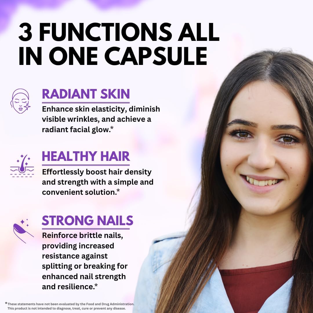 Hair, Skin, and Nails Vitamins with Biotin 25000 mcg, Hyaluronic Acid, Collagen, Keratin - USA Made, Third Party Tested - 60 Capsules