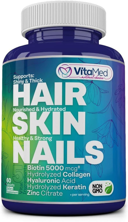 Hair, Skin, and Nails Vitamins with Biotin 5000mcg, Collagen, and Zinc for Hair Growth and Strong Nails - 60 Tablets