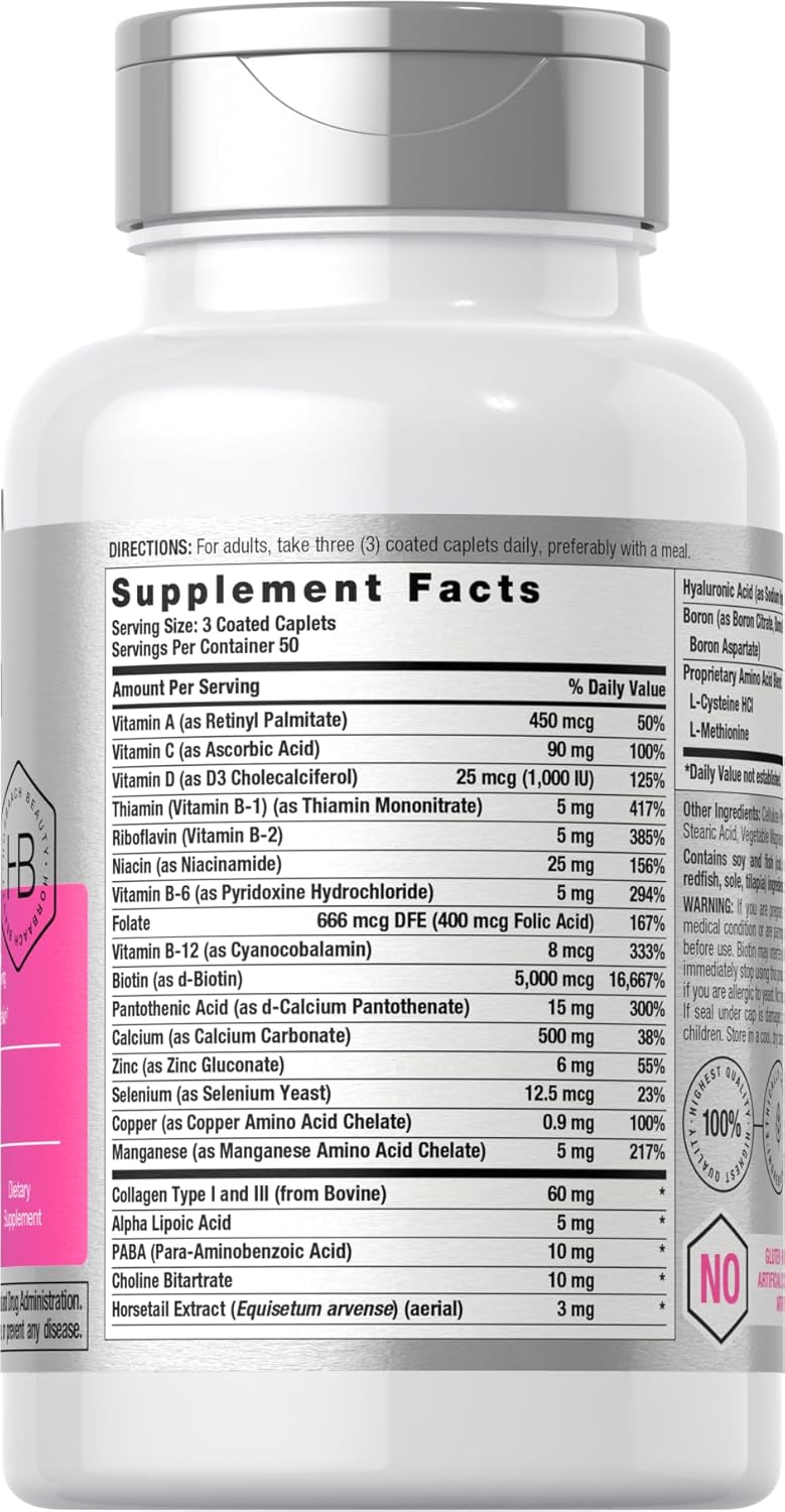 Hair Skin and Nails Vitamins with Biotin and Collagen - 150 Caplets for Women and Men - Non-GMO, Gluten Free Supplement