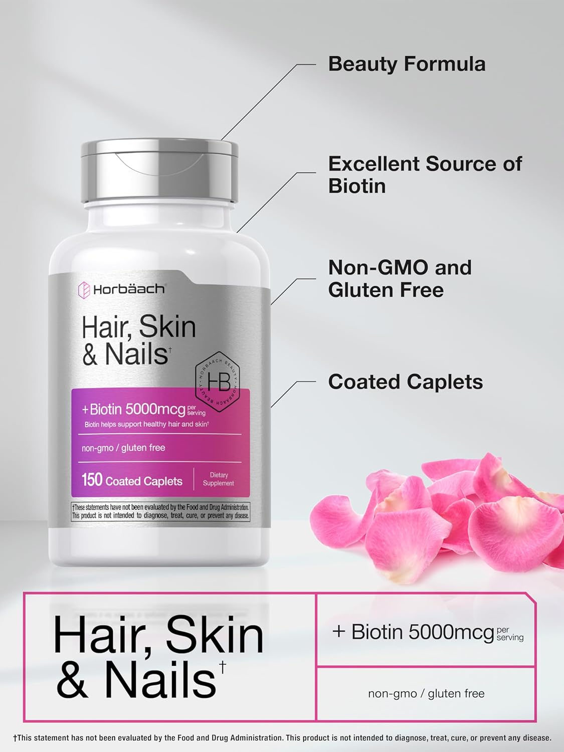 Hair Skin and Nails Vitamins with Biotin and Collagen - 150 Caplets for Women and Men - Non-GMO, Gluten Free Supplement