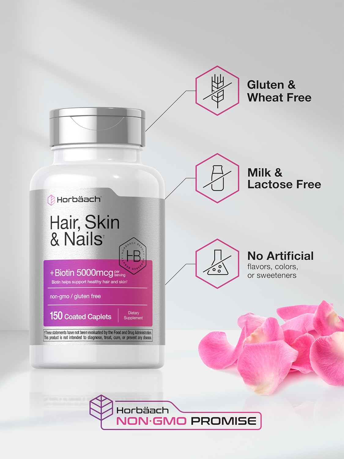 Hair Skin and Nails Vitamins with Biotin and Collagen - 150 Caplets for Women and Men - Non-GMO, Gluten Free Supplement