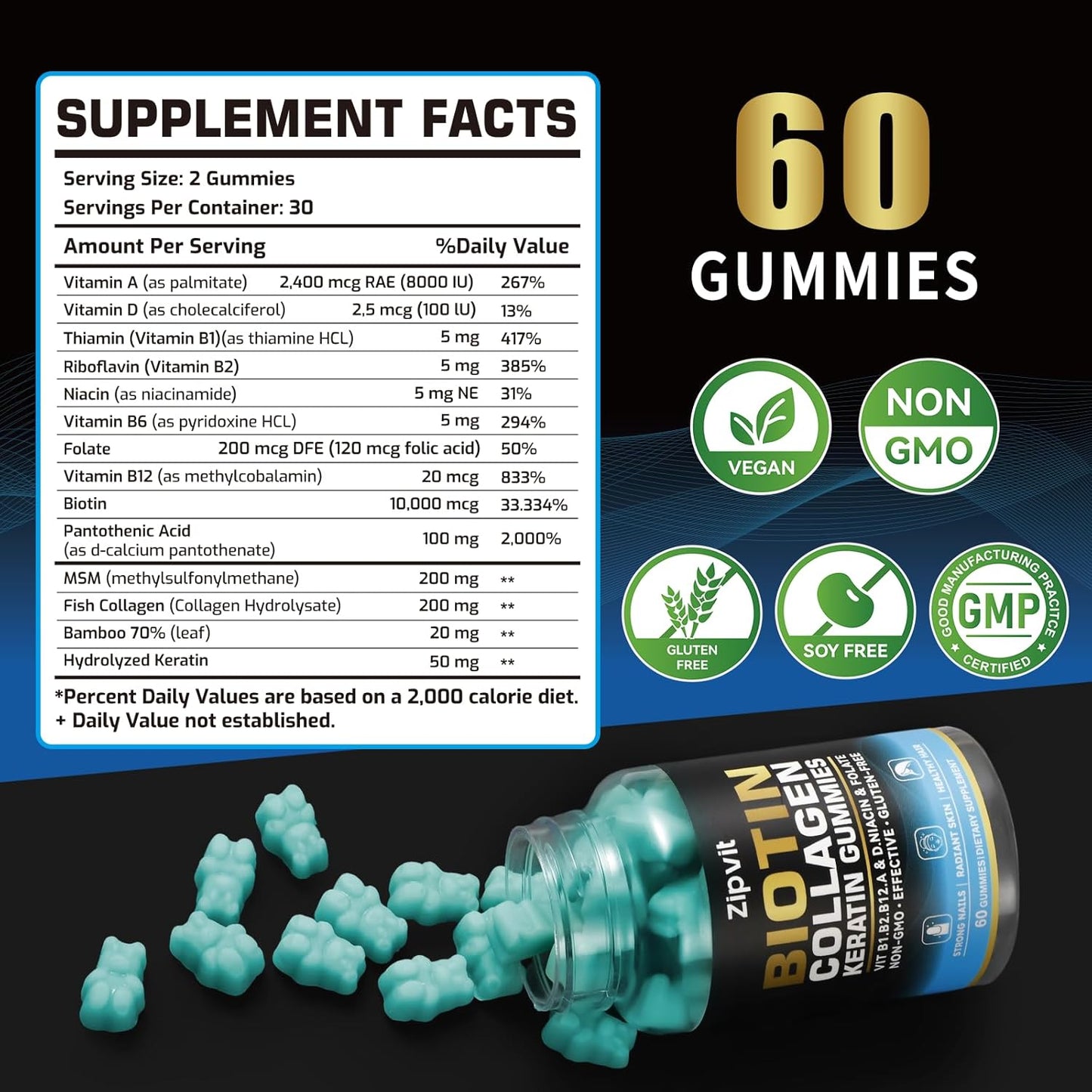 Hair, Skin, and Nails Vitamins with Biotin & Collagen - Hair Growth Supplement for Men & Women - 120 Gummy Bears