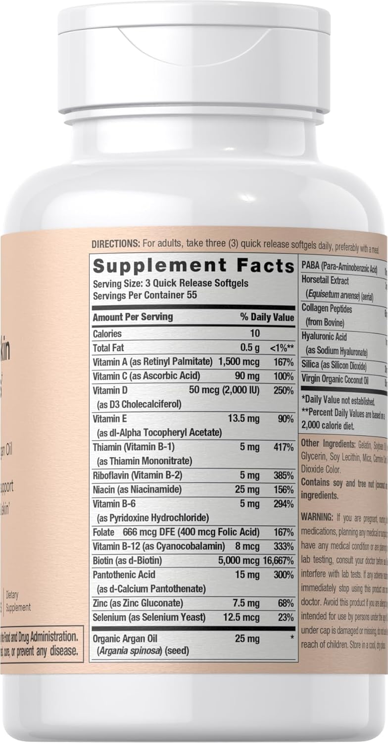 Hair, Skin, and Nails Vitamins with Biotin, Collagen, and Argan Oil - Non-GMO & Gluten Free - 165 Softgels for Men and Women