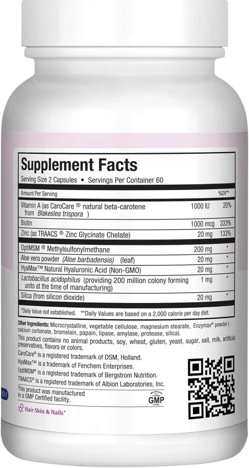 Hair, Skin, and Nails Vitamins with Hyaluronic Acid, Biotin, Vitamin A - Hair Growth Supplement for Women and Men - Supports Body Collagen - 60 Capsules