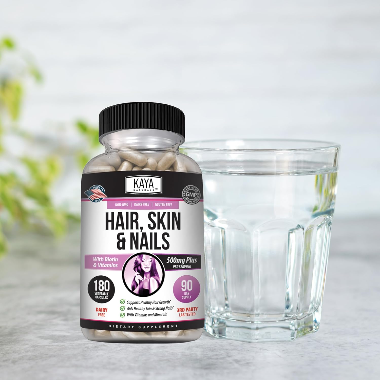 Hair Skin Nail Capsules with Biotin, Vitamin D, B-12, Folic Acid - 180 Count Hair Support Supplement by Kaya Naturals