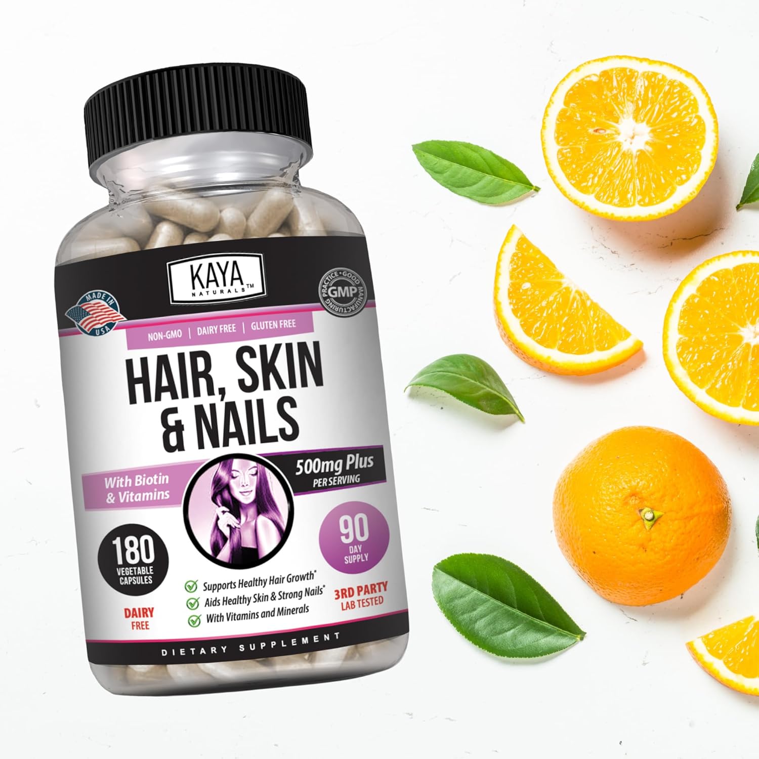 Hair Skin Nail Capsules with Biotin, Vitamin D, B-12, Folic Acid - 180 Count Hair Support Supplement by Kaya Naturals