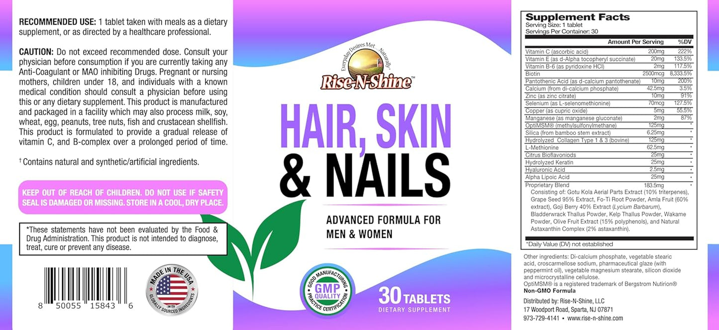Hair, Skin & Nails Daily Supplement with Biotin & Collagen - Supports Clear Skin, Long Nails & Thick Hair - 30 Day Supply