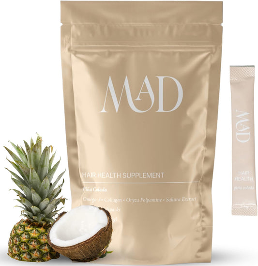 Hair Strength Supplement with Collagen, Pumpkin Seed & Omega-3 for Postpartum Hair Loss | 15 Individually Packaged Pina Colada Mix-in Packets by MAD HAIR CO.