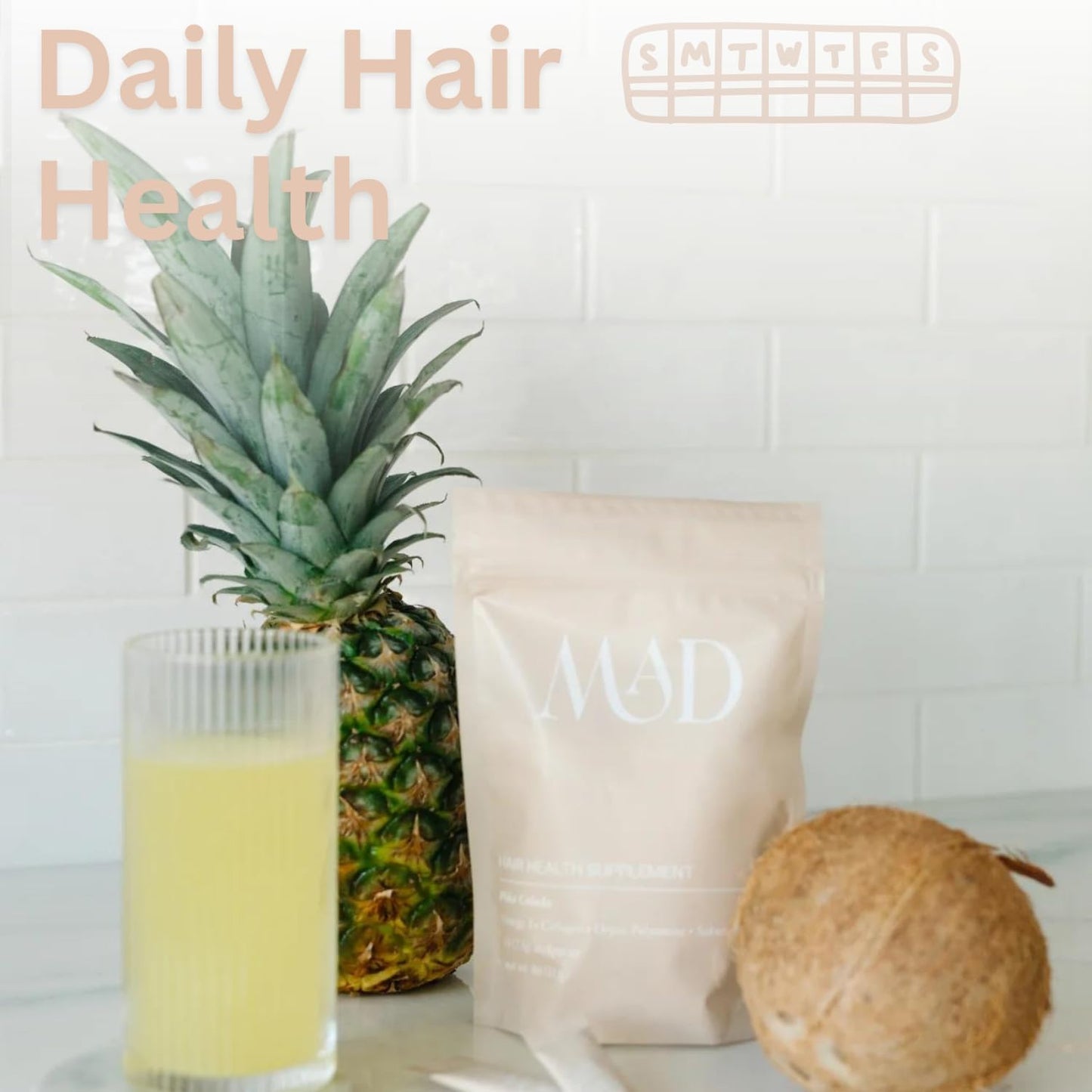 Hair Strength Supplement with Collagen, Pumpkin Seed & Omega-3 for Postpartum Hair Loss | 15 Individually Packaged Pina Colada Mix-in Packets by MAD HAIR CO.