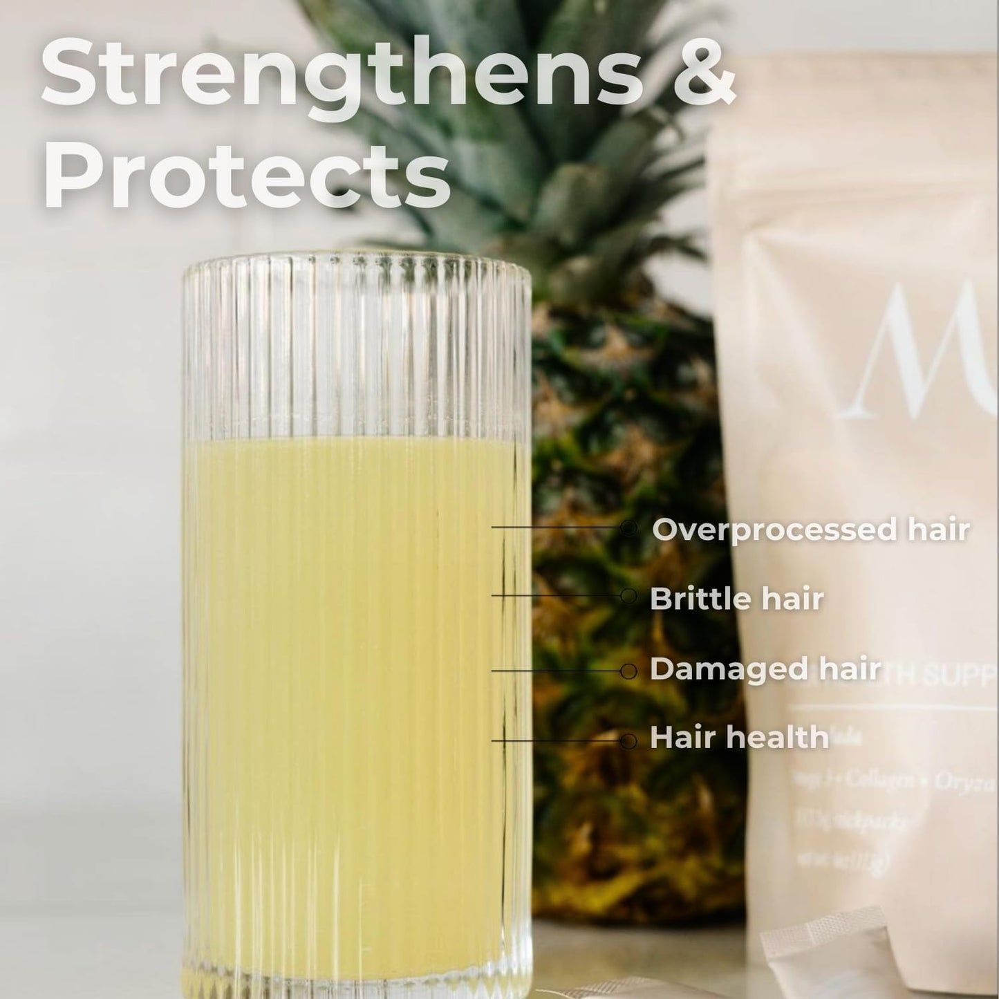 Hair Strength Supplement with Collagen, Pumpkin Seed & Omega-3 for Postpartum Hair Loss | 15 Individually Packaged Pina Colada Mix-in Packets by MAD HAIR CO.
