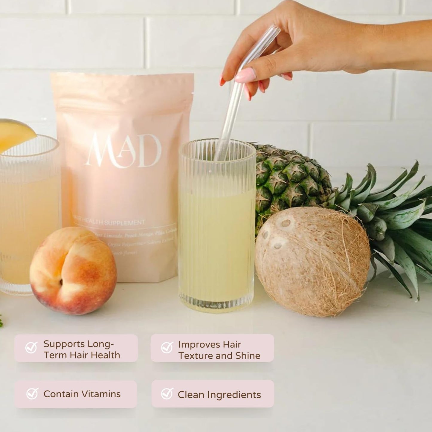 Hair Strength Supplement with Collagen, Pumpkin Seed & Omega-3 for Postpartum Hair Loss | 15 Individually Packaged Pina Colada Mix-in Packets by MAD HAIR CO.