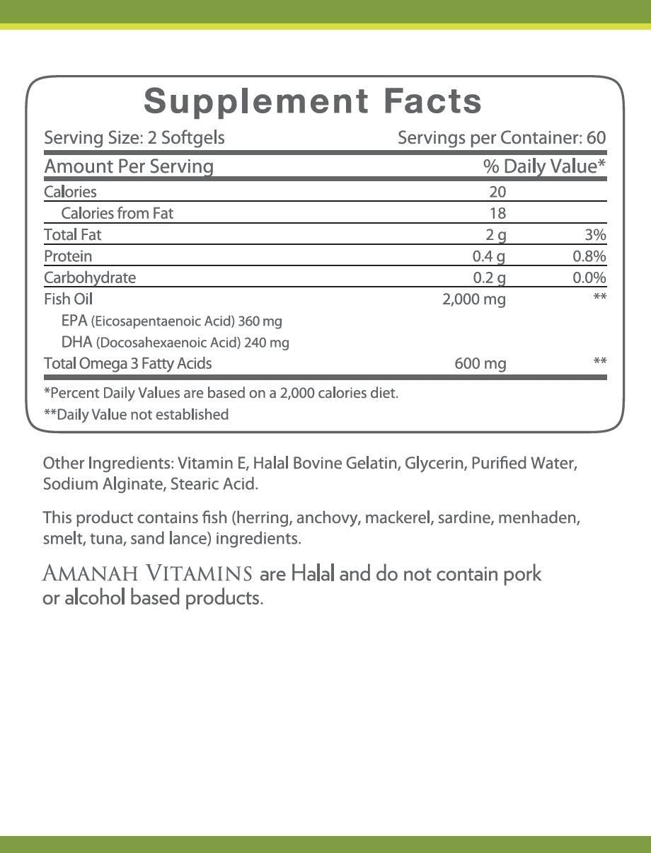 Halal Amanah Vitamins Omega 3 Fish Oil Softgels 2000 mg - 120 Count Bottle
