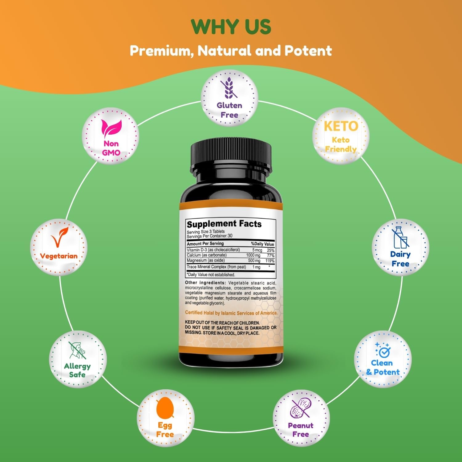 Halal Calcium Magnesium Supplement with Vitamin D3 | 1,000mg Calcium, 500mg Magnesium | 30 Servings | Non-GMO | Bone & Muscle Support