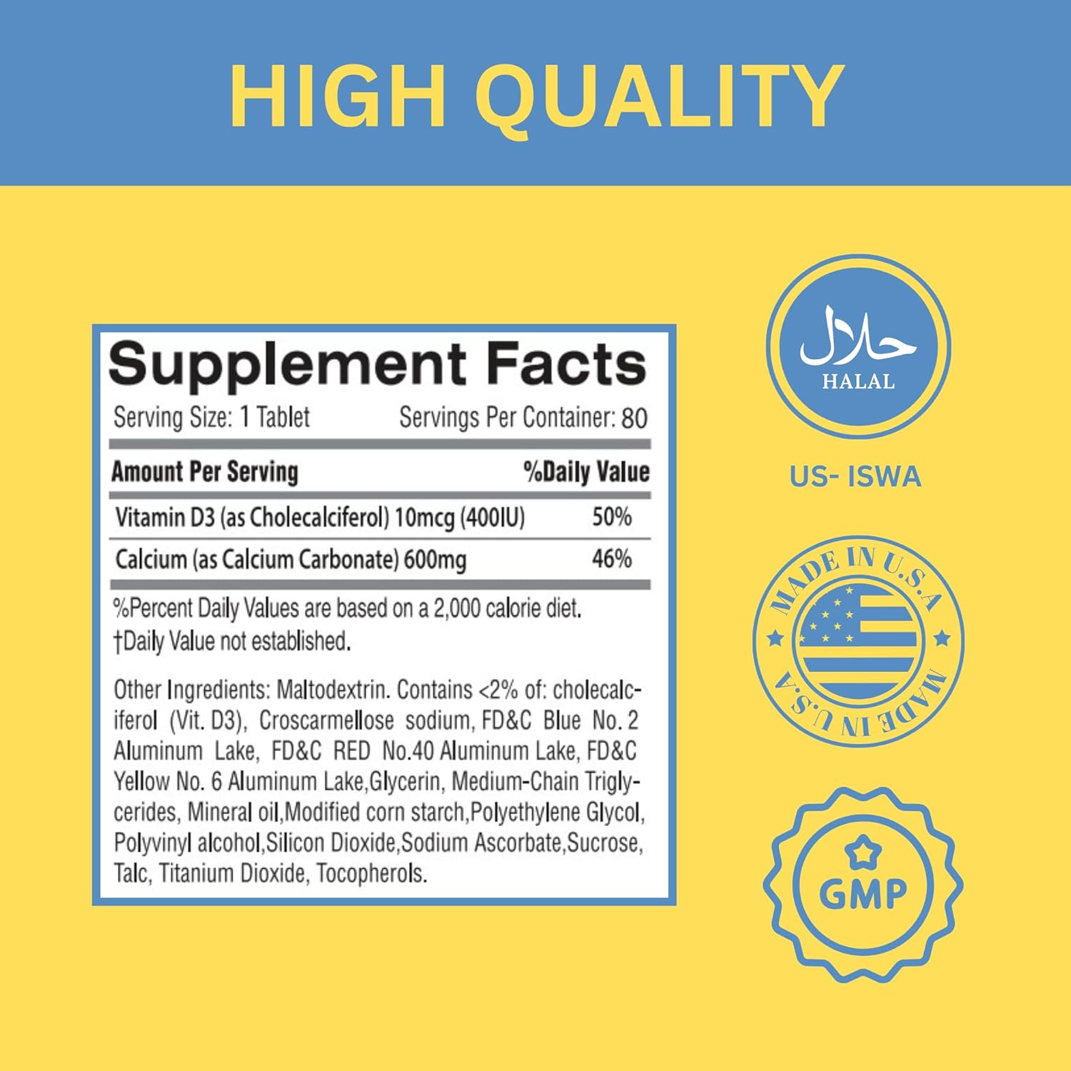 Halal Calcium Tablets with Vitamin D3 for Bone, Teeth, and Immune Health - 90 Tablets