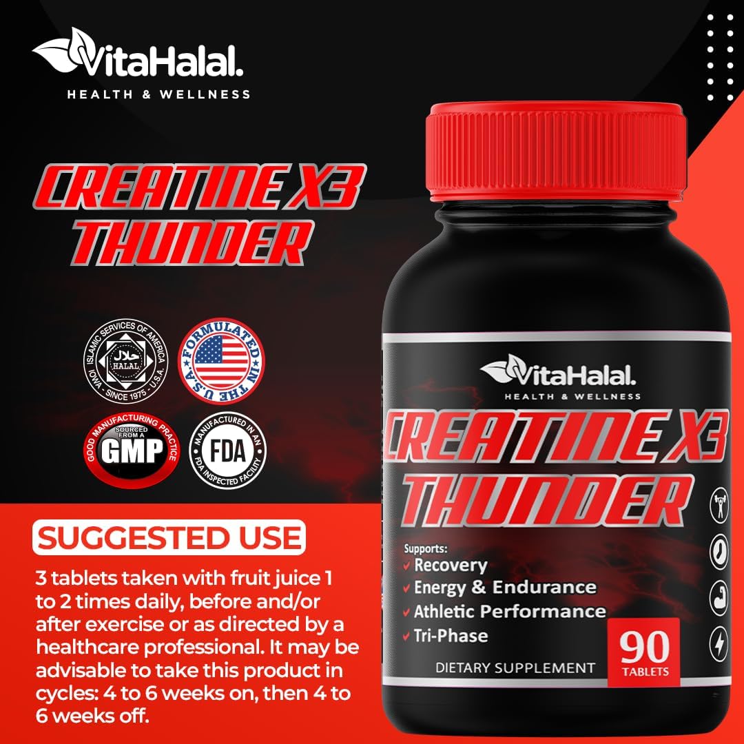 Halal Certified Creatine Monohydrate Pills for Enhanced Performance and Muscle Growth - VitaHalal Creatine X3 Thunder