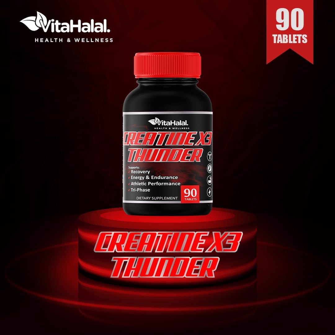 Halal Certified Creatine Monohydrate Pills for Enhanced Performance and Muscle Growth - VitaHalal Creatine X3 Thunder