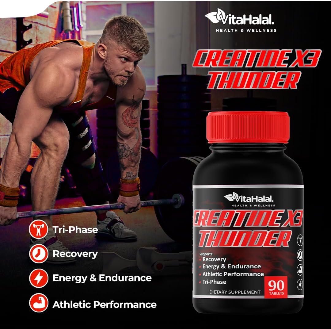 Halal Certified Creatine Monohydrate Pills for Enhanced Performance and Muscle Growth - VitaHalal Creatine X3 Thunder