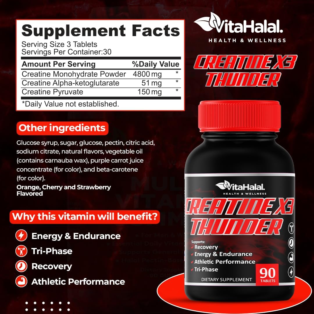 Halal Certified Creatine Monohydrate Pills for Enhanced Performance and Muscle Growth - VitaHalal Creatine X3 Thunder