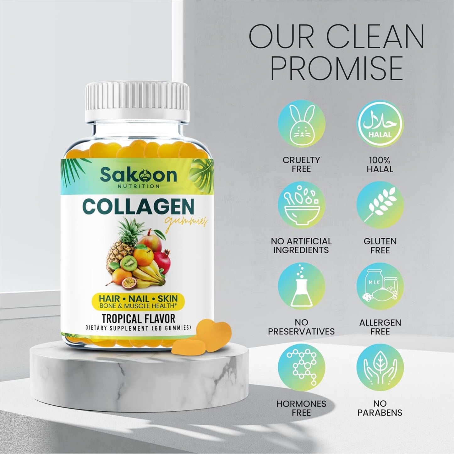 Halal Collagen Gummies for Anti-Aging, Hair Growth, Skin Care & Nails - Non-GMO Protein Supplements for Women and Men - USA-Made