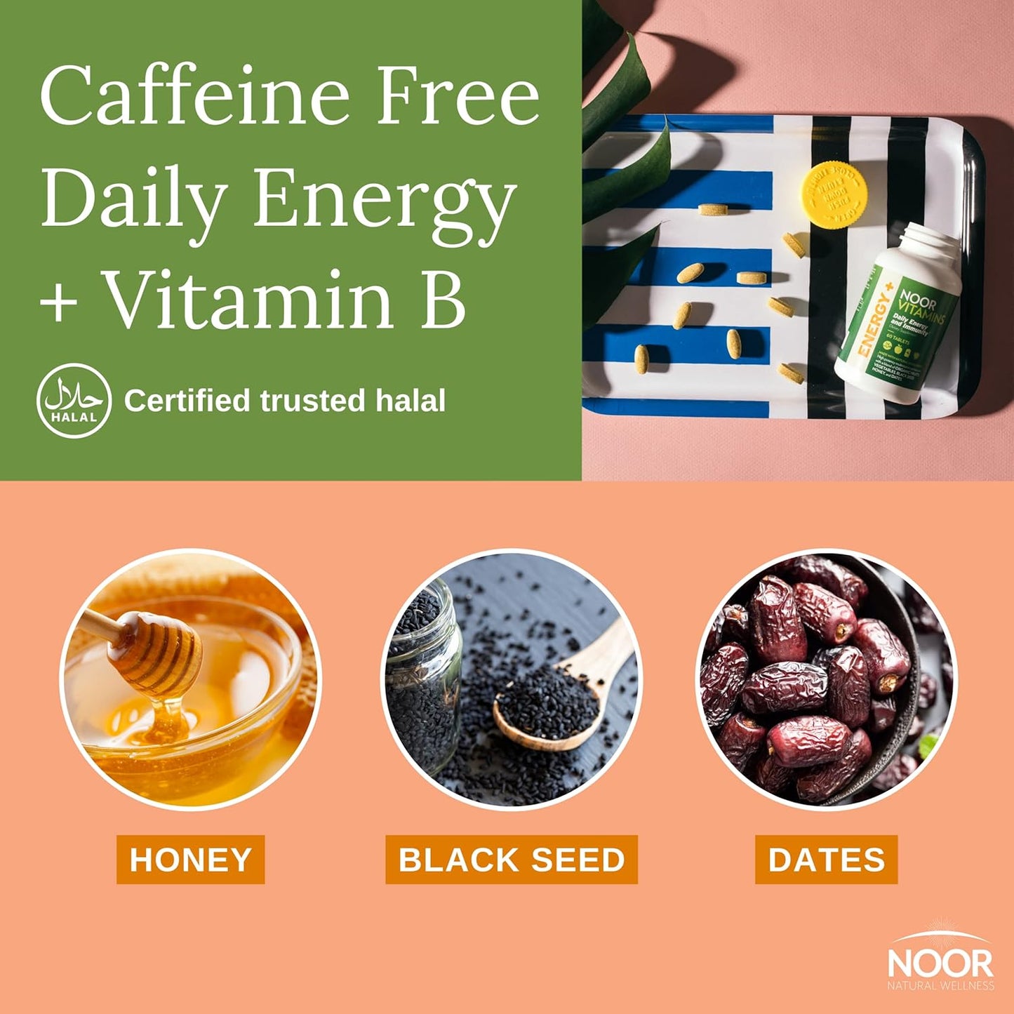 Halal Energy+ Multivitamin with 26 Vitamins & Minerals, Black Seed, Dates, Honey - Gelatin Free, Men & Women, 2 Month Supply