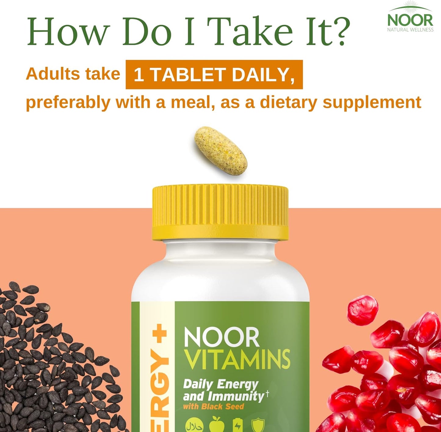 Halal Energy+ Multivitamin with 26 Vitamins & Minerals, Black Seed, Dates, Honey - Gelatin Free, Men & Women, 2 Month Supply