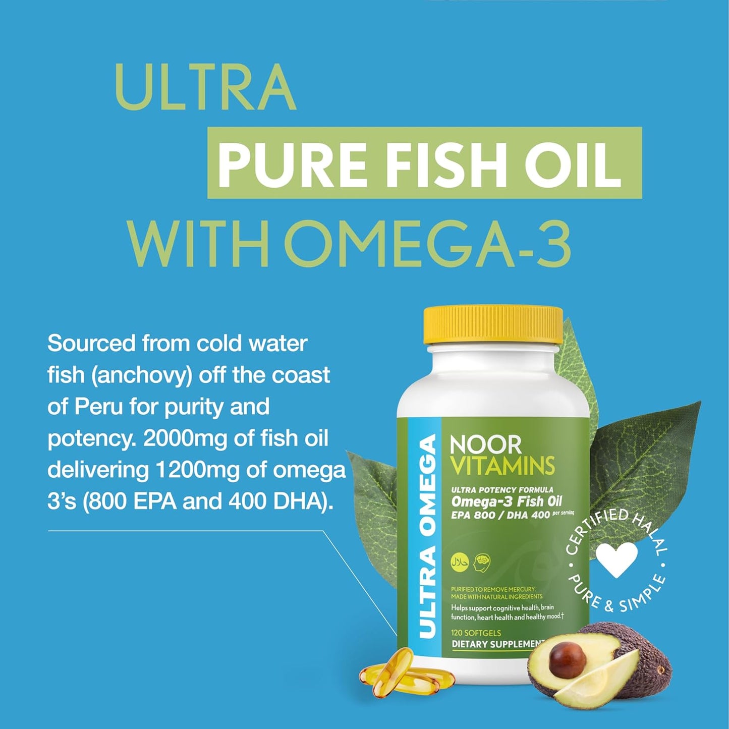 Halal Fish Oil Capsules with Ultra Omega 3 for Heart, Brain & Joint Support - Non-GMO & Gluten Free (120 Count)