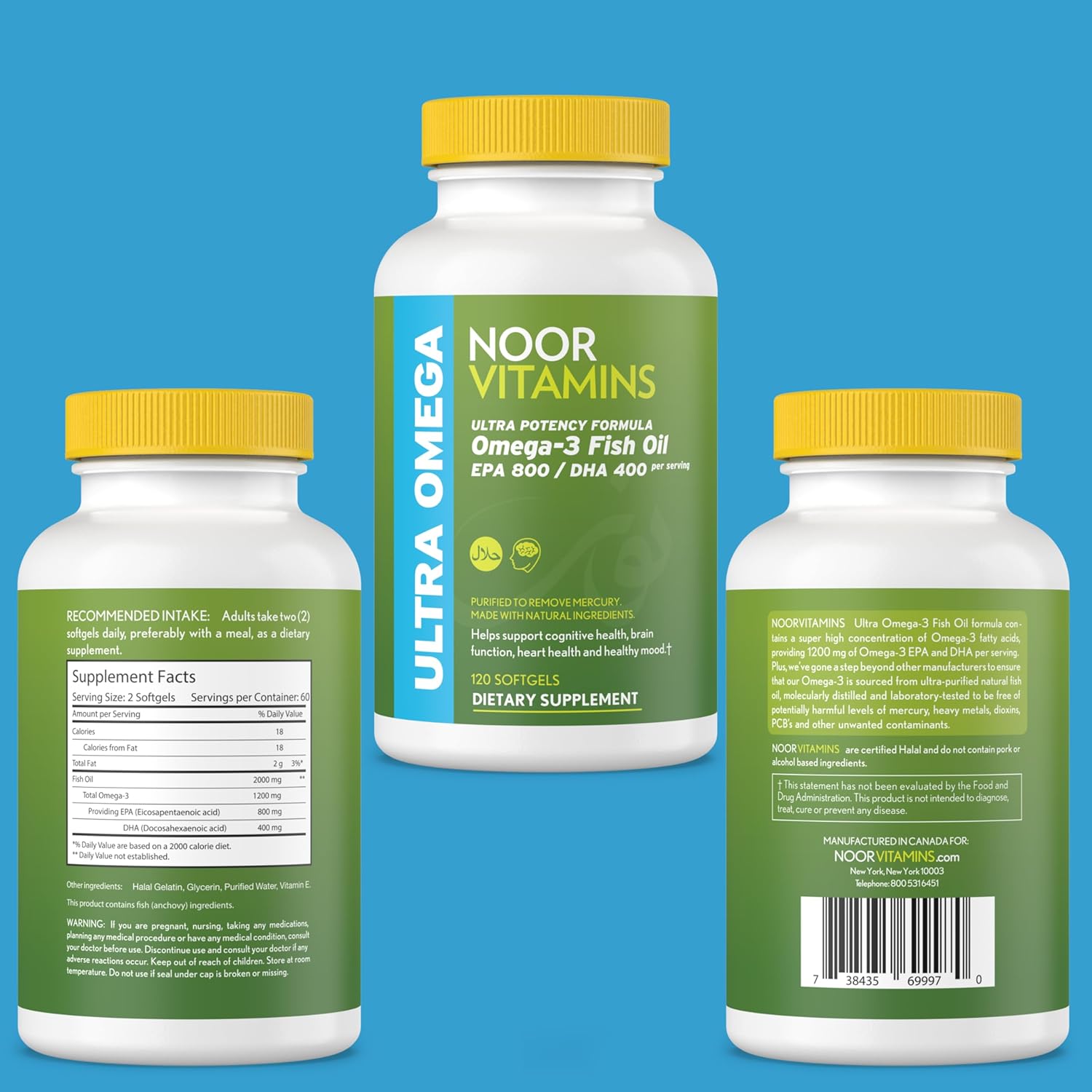 Halal Fish Oil Capsules with Ultra Omega 3 for Heart, Brain & Joint Support - Non-GMO & Gluten Free (120 Count)