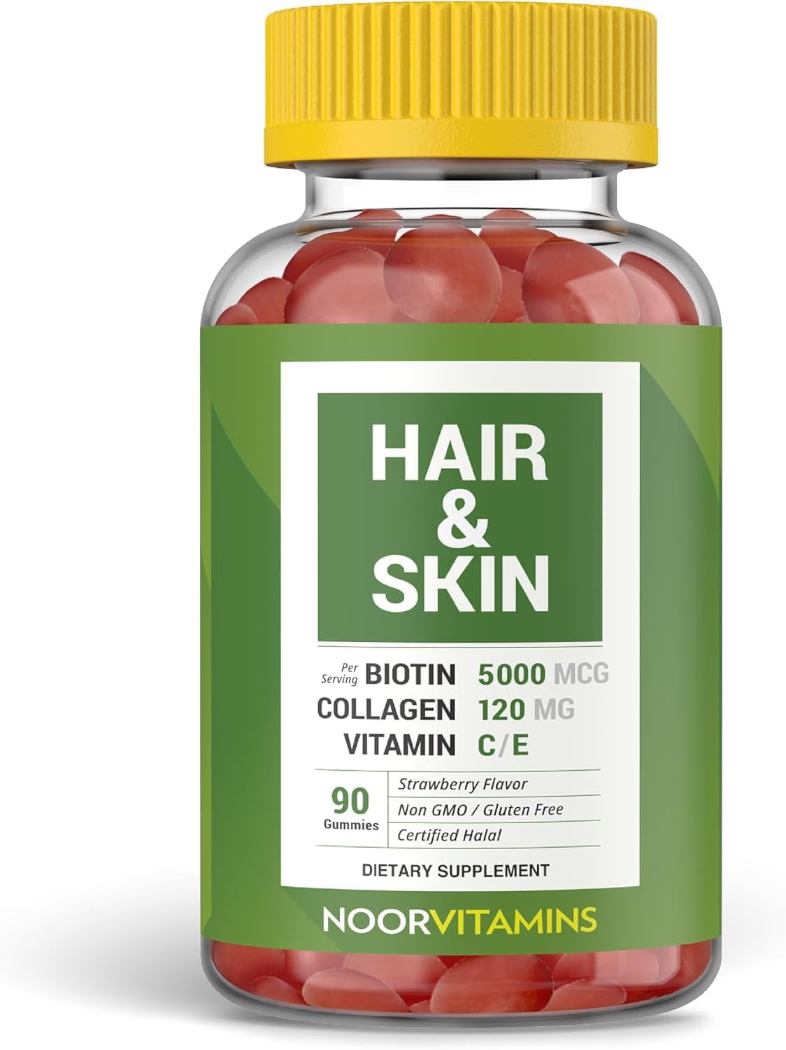 Halal Hair Vitamins with Biotin, Collagen, Silica, Vitamin C & E for Hair, Skin & Nails - Natural Strawberry Gummy (90 Count)