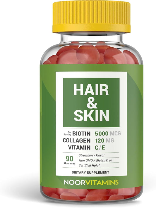 Halal Hair Vitamins with Biotin, Collagen, Silica, Vitamin C & E for Hair, Skin & Nails - Natural Strawberry Gummy (90 Count)