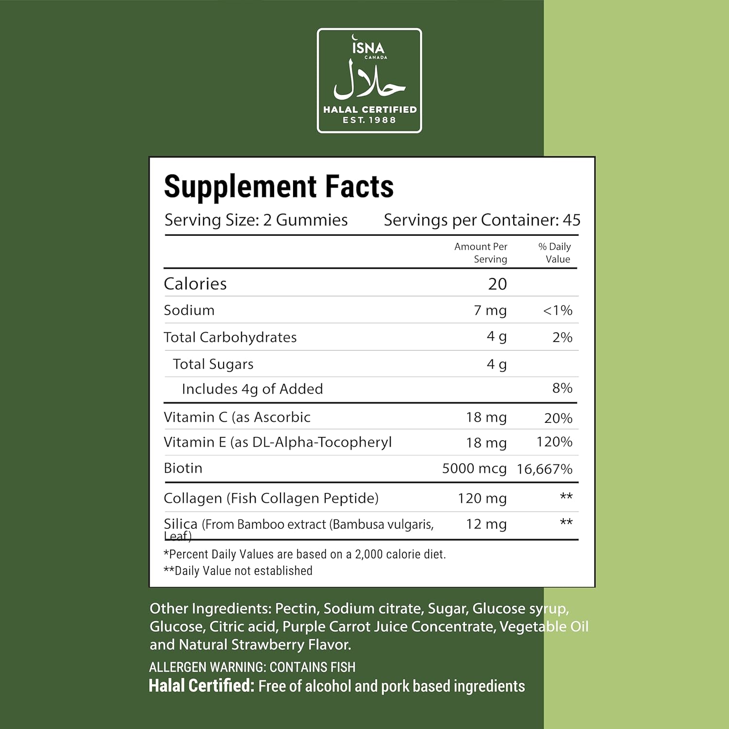 Halal Hair Vitamins with Biotin, Collagen, Silica, Vitamin C & E for Hair, Skin & Nails - Natural Strawberry Gummy (90 Count)