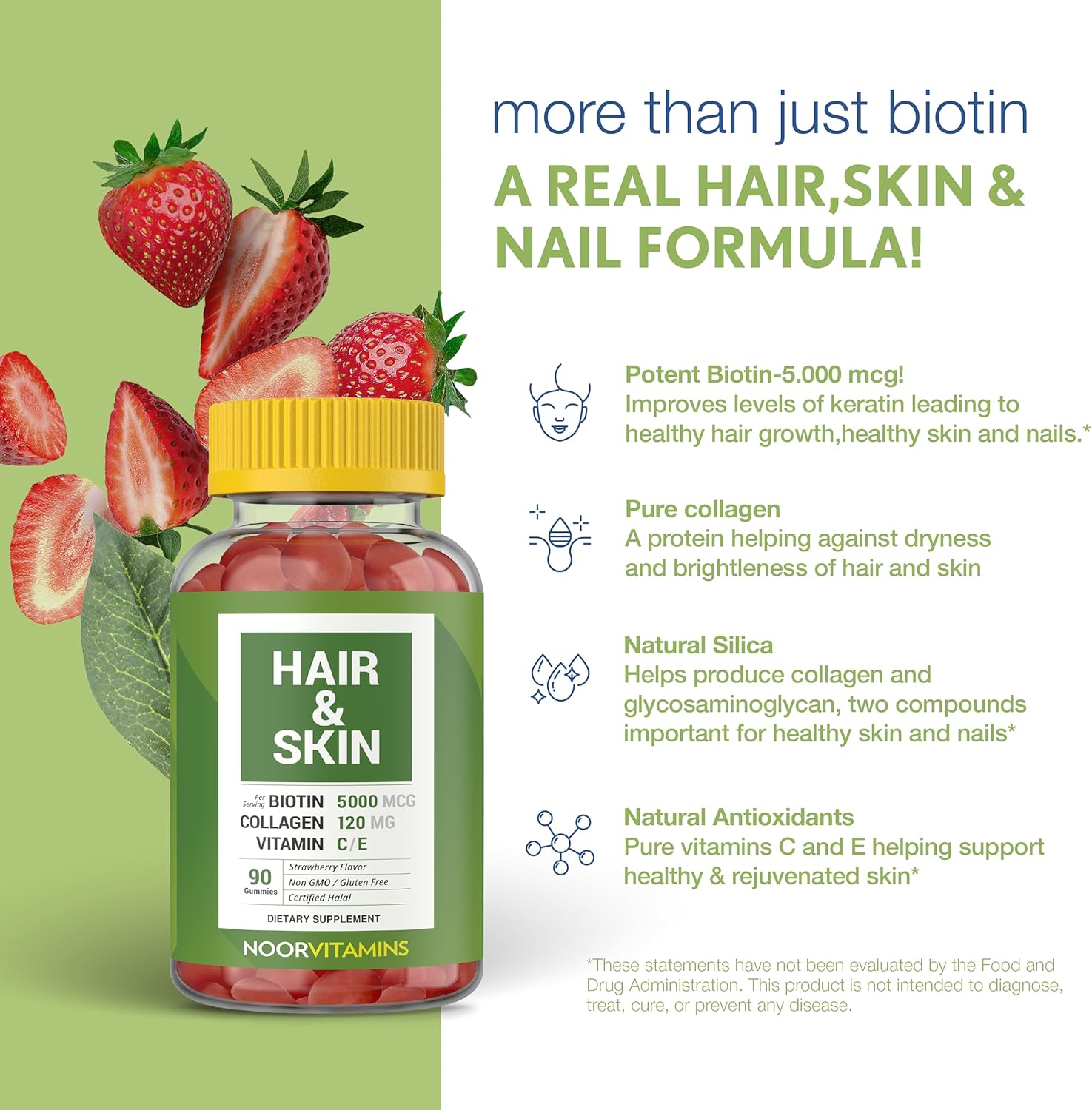 Halal Hair Vitamins with Biotin, Collagen, Silica, Vitamin C & E for Hair, Skin & Nails - Natural Strawberry Gummy (90 Count)