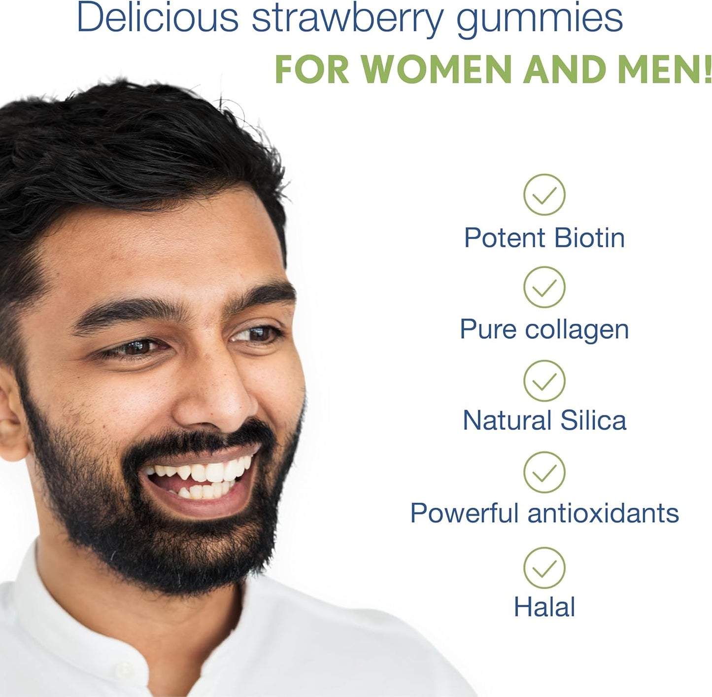 Halal Hair Vitamins with Biotin, Collagen, Silica, Vitamin C & E for Hair, Skin & Nails - Natural Strawberry Gummy (90 Count)