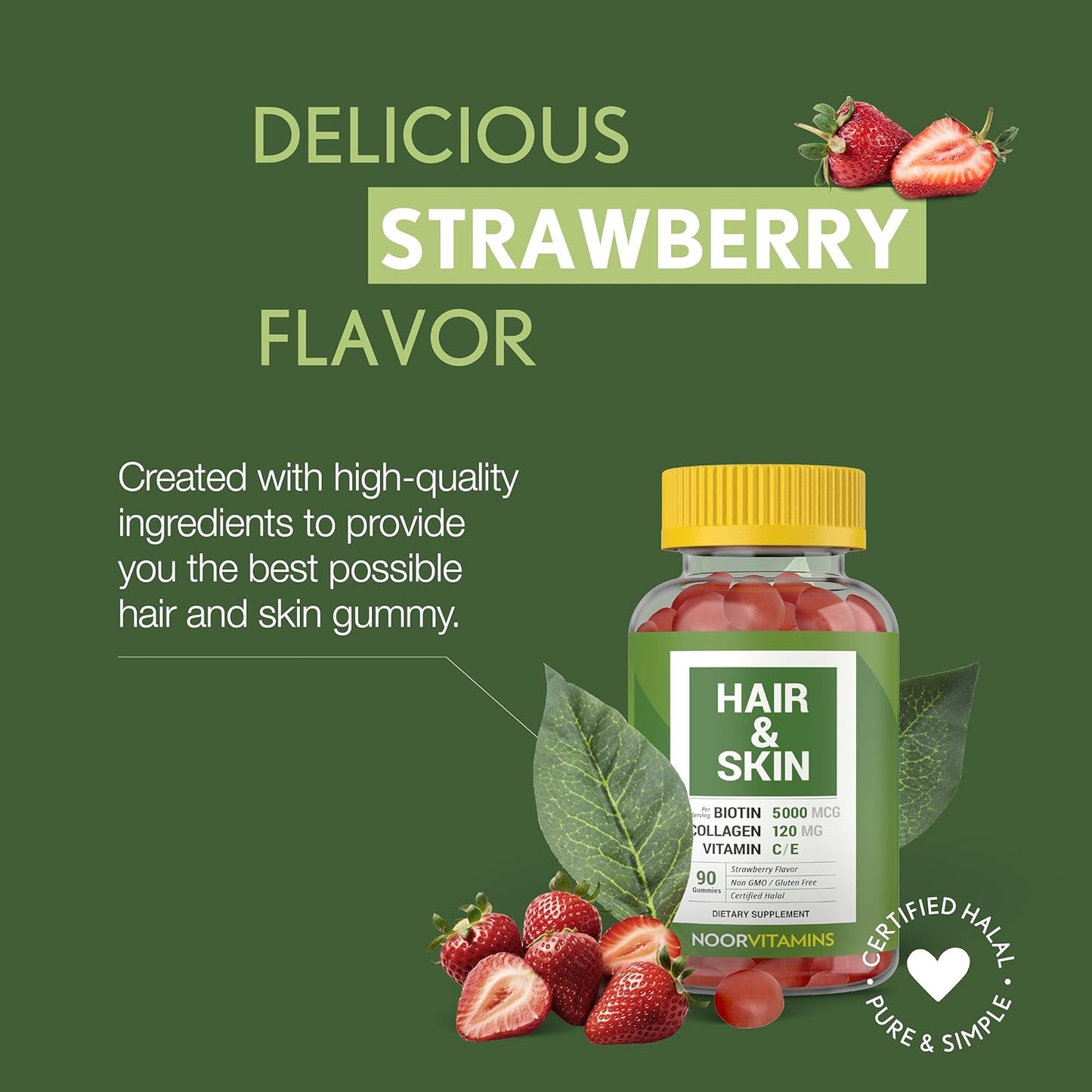 Halal Hair Vitamins with Biotin, Collagen, Silica, Vitamin C & E for Hair, Skin & Nails - Natural Strawberry Gummy (90 Count)