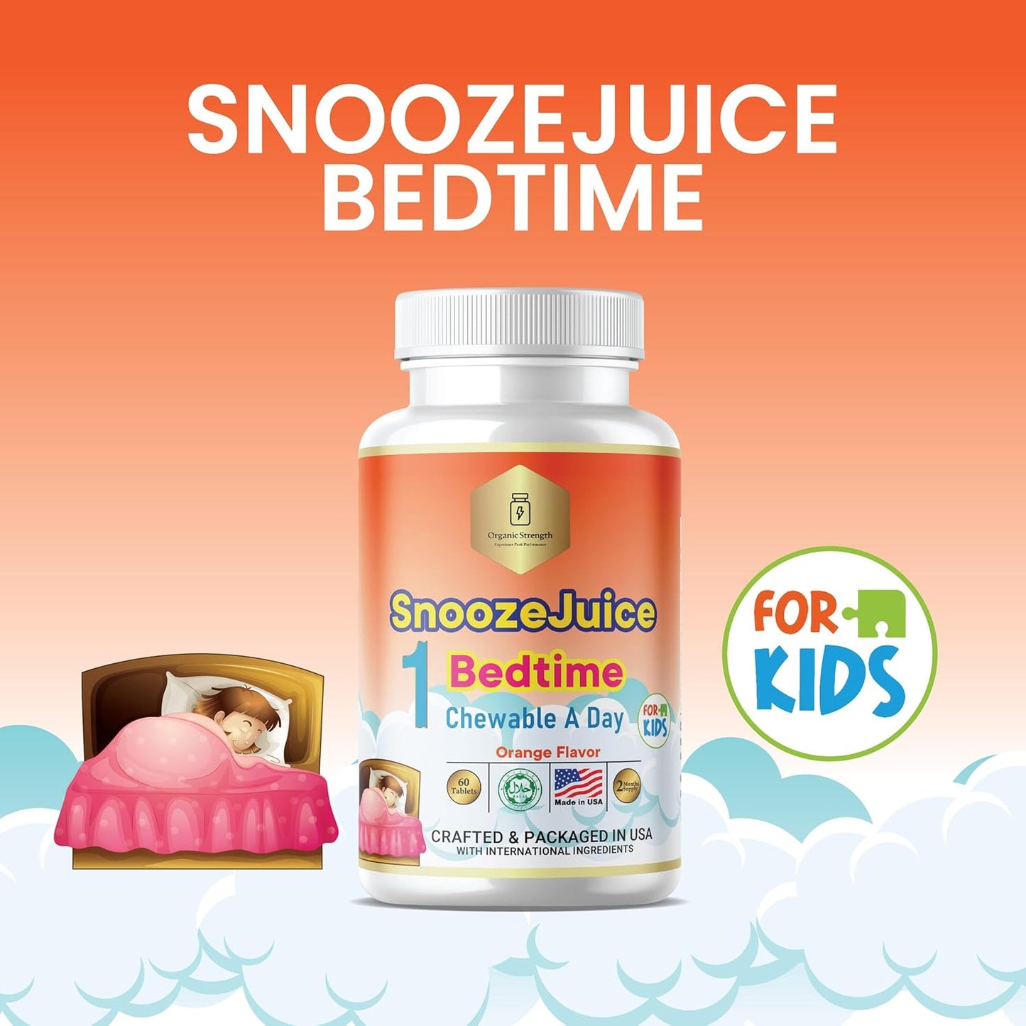 Halal Orange Flavored Organic Kids Bedtime Strength Vitamins, 60-Day Supply, Ages 4-12, Chewable Tablet