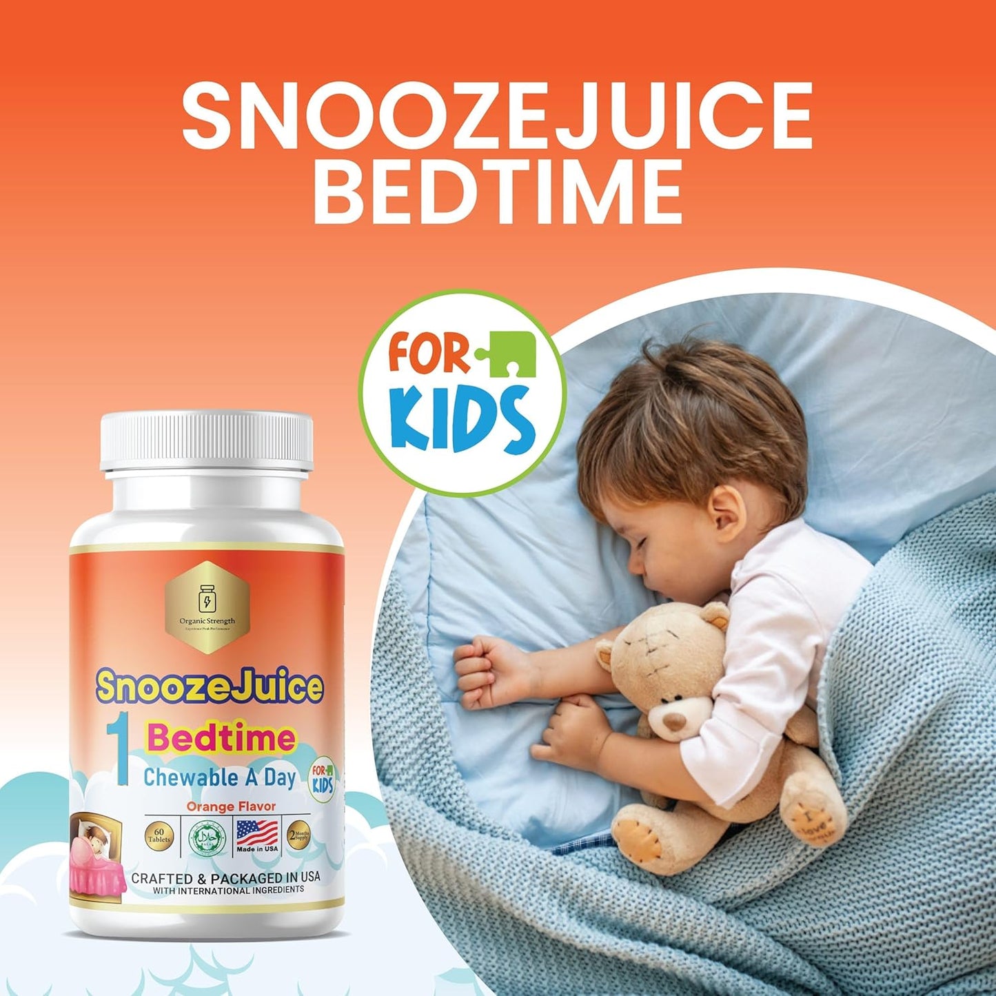 Halal Orange Flavored Organic Kids Bedtime Strength Vitamins, 60-Day Supply, Ages 4-12, Chewable Tablet