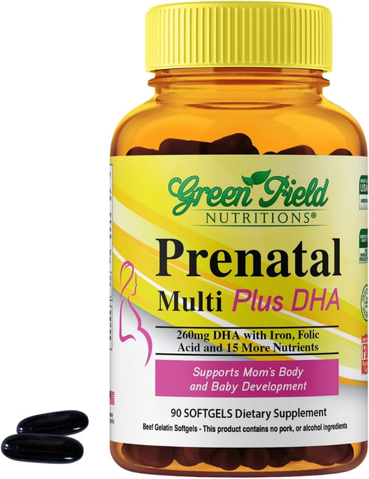 Halal Prenatal Vitamins with DHA, Folic Acid & Iron - Essential Pregnancy Multivitamin - 17 Vitamins - 90 Softgels
