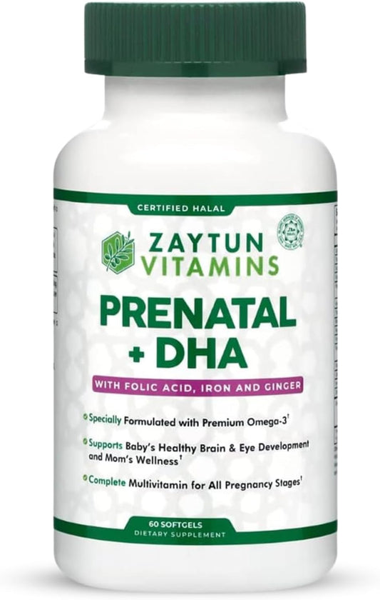 Halal Prenatal Vitamins with DHA, Folic Acid, Iron, and Ginger for All Pregnancy Stages - 60 Softgels, Non-GMO, Gluten Free - USA Made