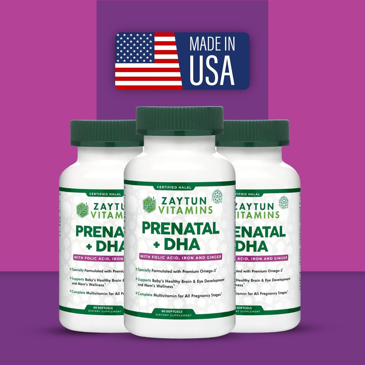 Halal Prenatal Vitamins with DHA, Folic Acid, Iron, and Ginger for All Pregnancy Stages - 60 Softgels, Non-GMO, Gluten Free - USA Made