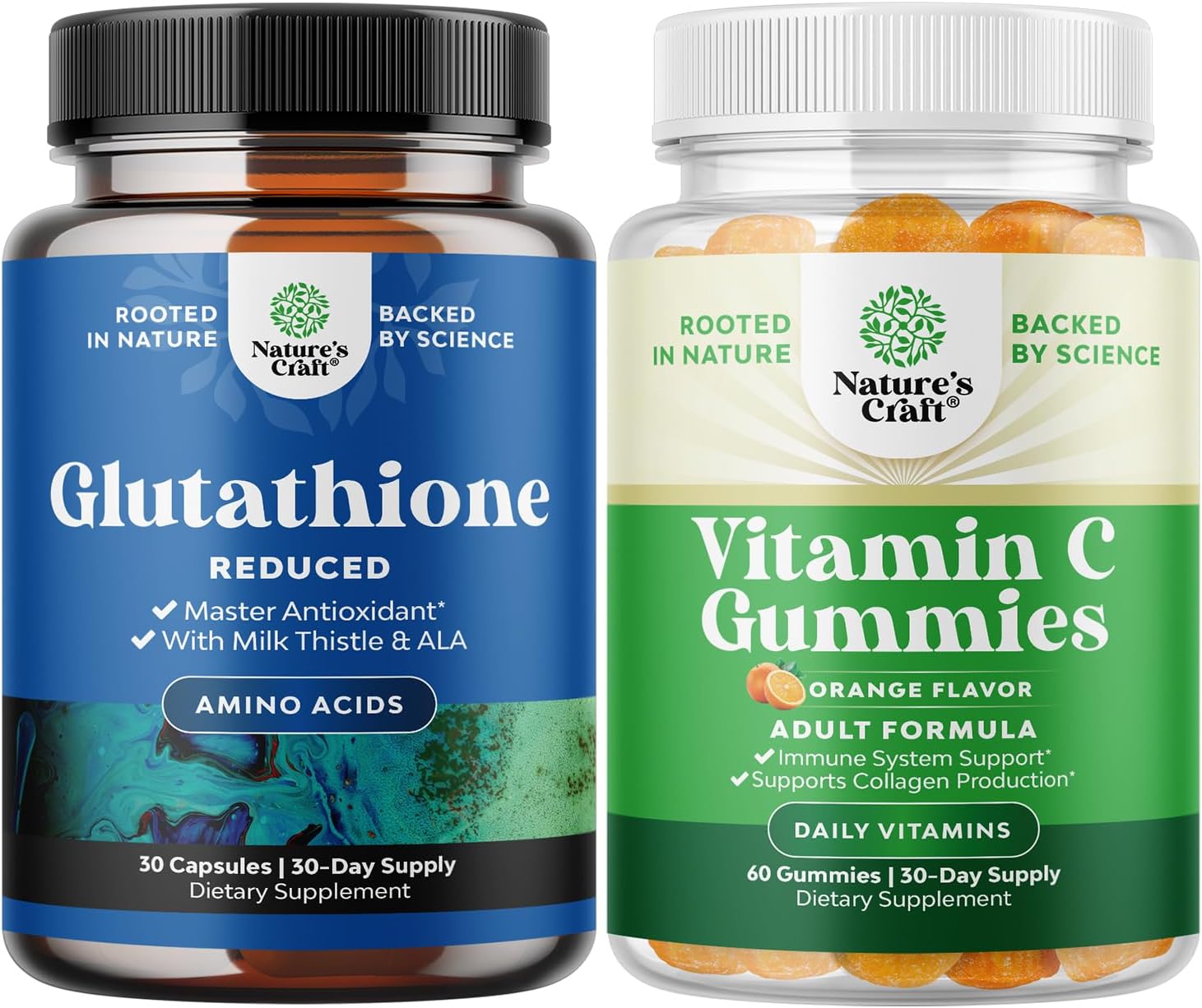 Halal Vitamin C Immune Support Gummies with Reduced Glutathione and Glutamic Acid Supplement Bundle for Adults
