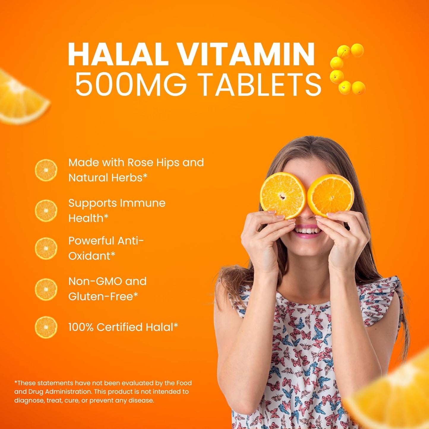 Halal Vitamin C Tablets with Rose HIPS, Immune Support, Antioxidant, Citrus Bioflavonoids - Vegan & Gluten-Free - 2 Months Supply