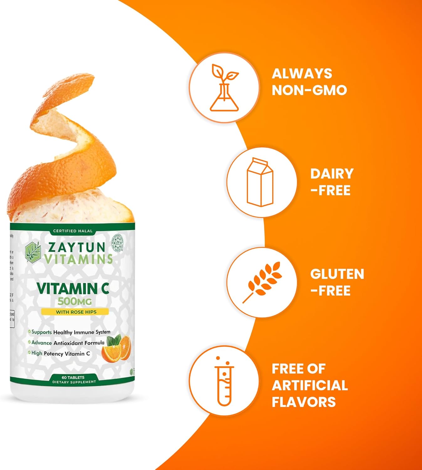 Halal Vitamin C Tablets with Rose HIPS, Immune Support, Antioxidant, Citrus Bioflavonoids - Vegan & Gluten-Free - 2 Months Supply