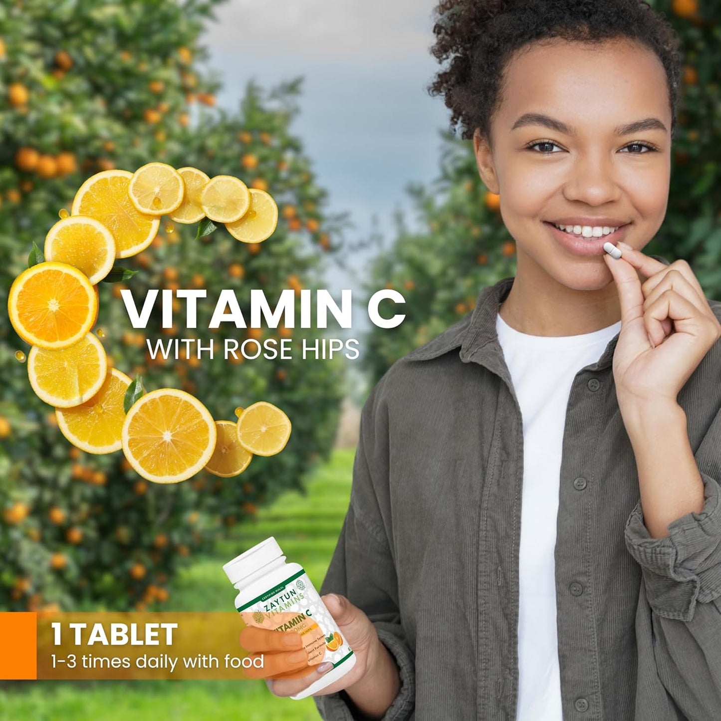 Halal Vitamin C Tablets with Rose HIPS, Immune Support, Antioxidant, Citrus Bioflavonoids - Vegan & Gluten-Free - 2 Months Supply
