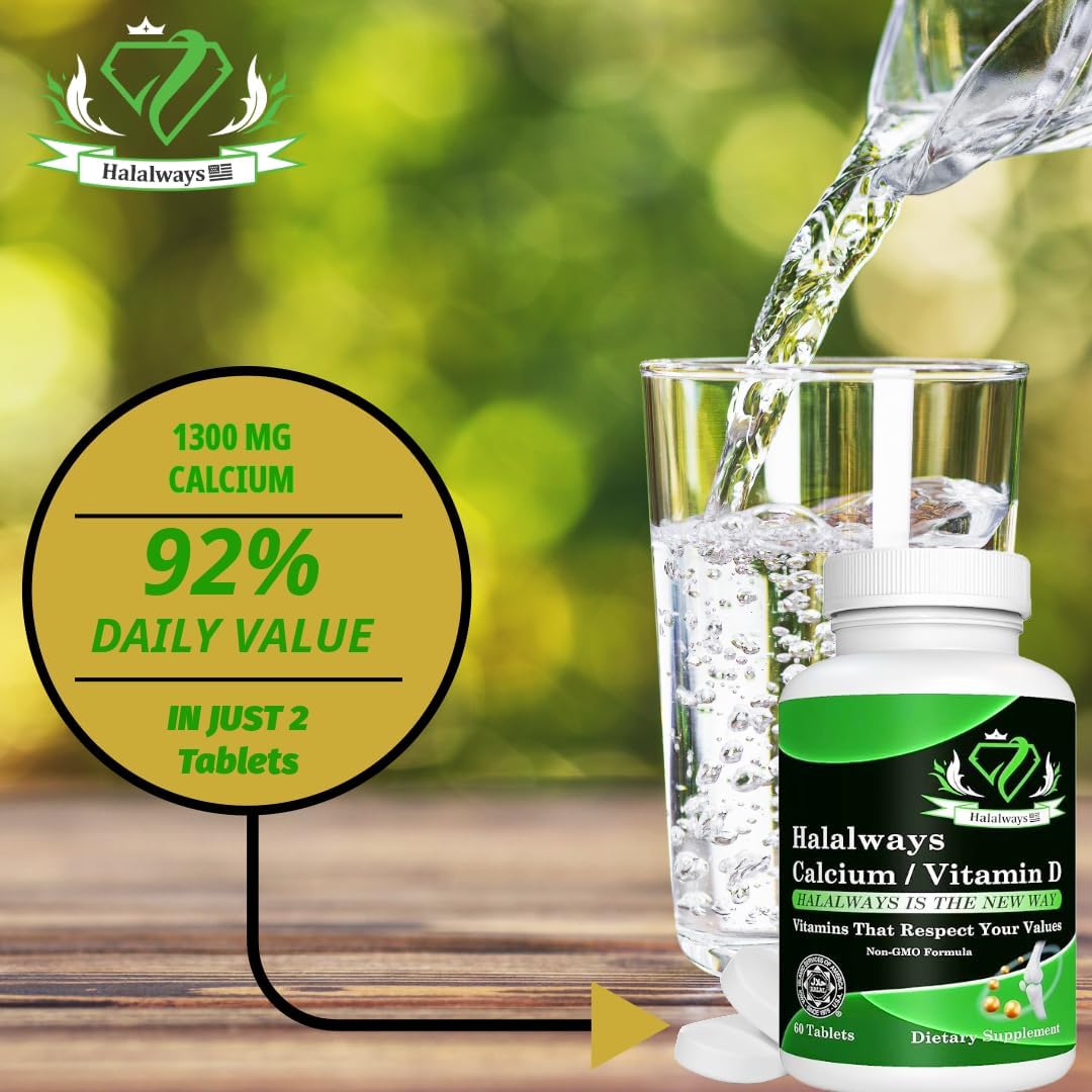 HalalwaysUS Halal Calcium and Vitamin D Supplement for Bone Health Support - 650mg Calcium and 10mcg Vitamin D - Dietary Vitamin Supplement for Men and Women