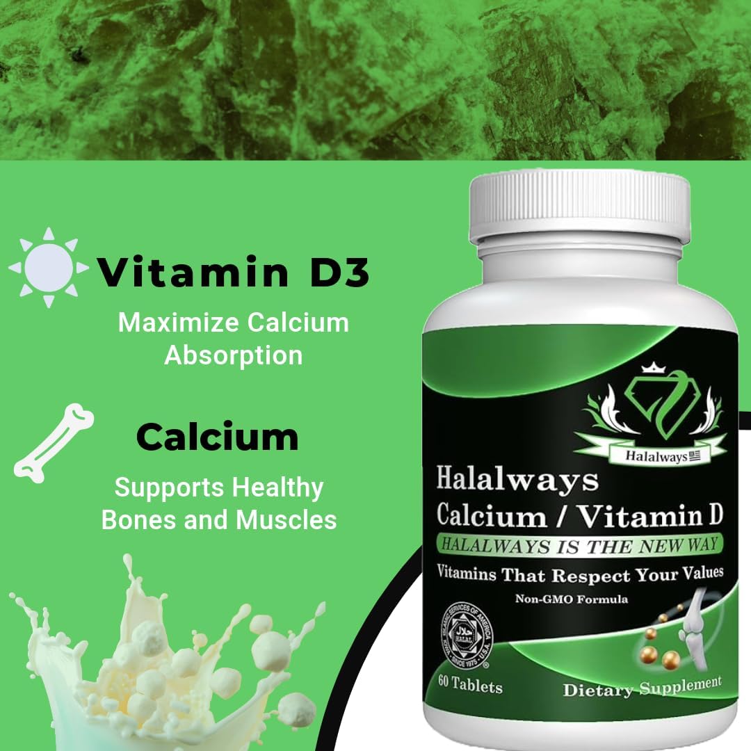 HalalwaysUS Halal Calcium and Vitamin D Supplement for Bone Health Support - 650mg Calcium and 10mcg Vitamin D - Dietary Vitamin Supplement for Men and Women