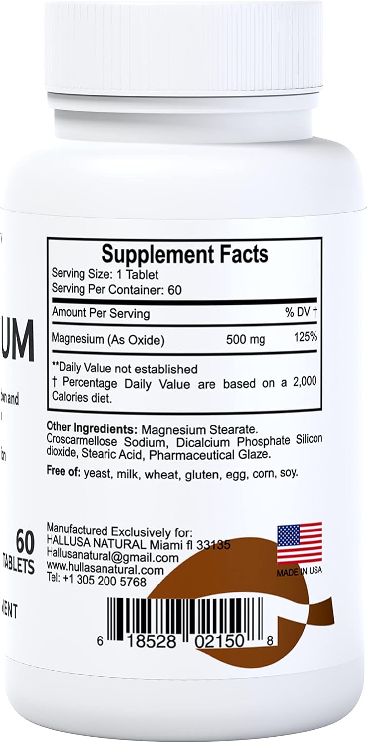 Hallusa Natural Magnesium Oxide 500mg Capsules for Leg Cramps - 60 Day Supply for Muscle Relaxation & High Absorption