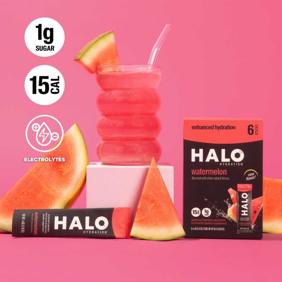 HALO Sport Halo Hydration Powder Packets in Watermelon Flavor - Electrolyte Drink Mix for Sports and Cycling - Convenient Single Serving Sticks (6 Pack)