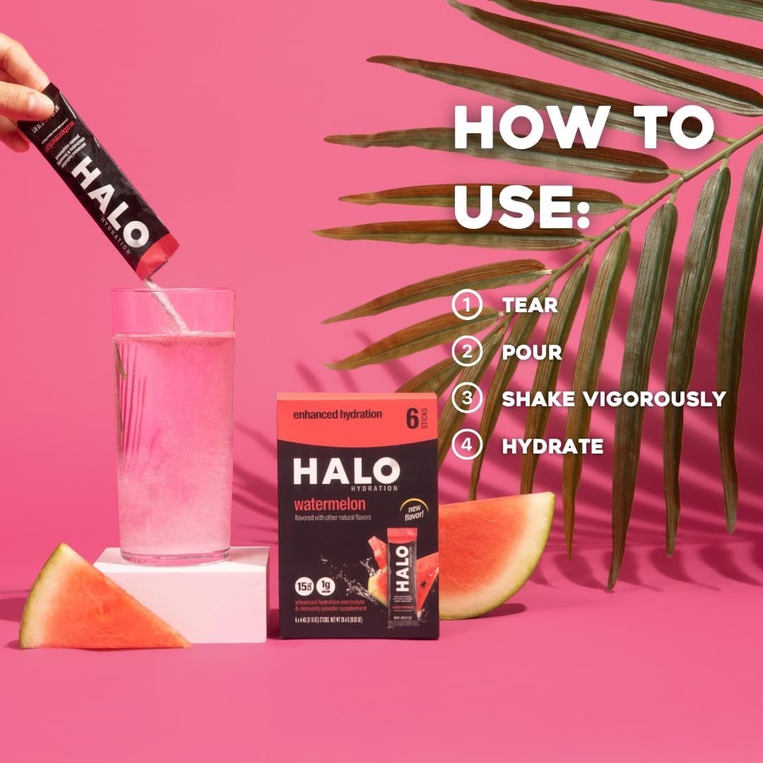 HALO Sport Halo Hydration Powder Packets in Watermelon Flavor - Electrolyte Drink Mix for Sports and Cycling - Convenient Single Serving Sticks (6 Pack)
