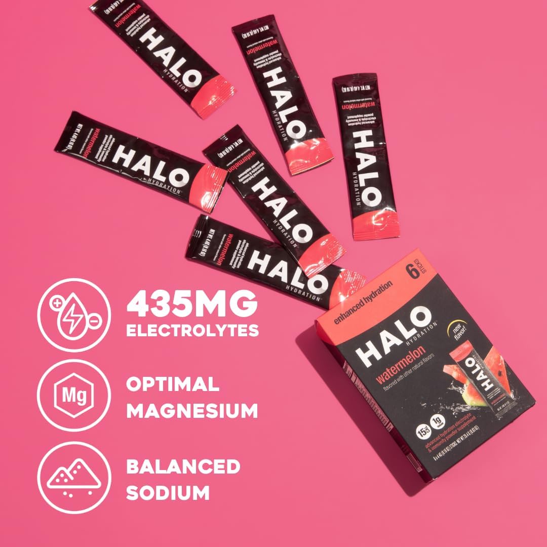 HALO Sport Halo Hydration Powder Packets in Watermelon Flavor - Electrolyte Drink Mix for Sports and Cycling - Convenient Single Serving Sticks (6 Pack)